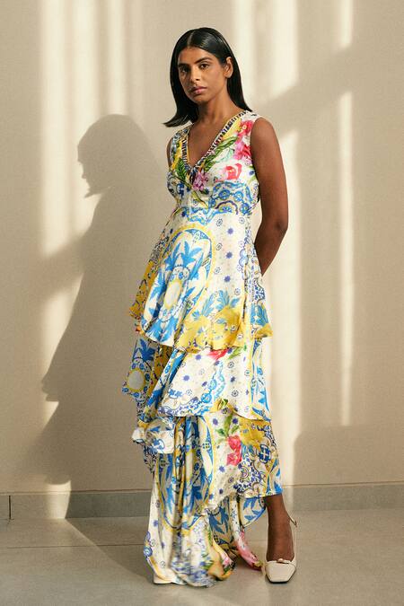 Studio Surbhi Multi Color Georgette, Satin Embroidery Floral Print Asymmetric Tiered Dress Online at Aza Fashions Studio Surbhi_Multi Color Georgette, Satin Embroidery Floral Print Asymmetric Tiered Dress _Online_at_Aza_Fashions