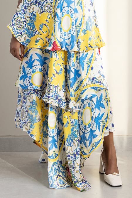 Buy Studio Surbhi Multi Color Georgette, Satin Embroidery Floral Print Asymmetric Tiered Dress Online at Aza Fashions Buy_Studio Surbhi_Multi Color Georgette, Satin Embroidery Floral Print Asymmetric Tiered Dress _Online_at_Aza_Fashions