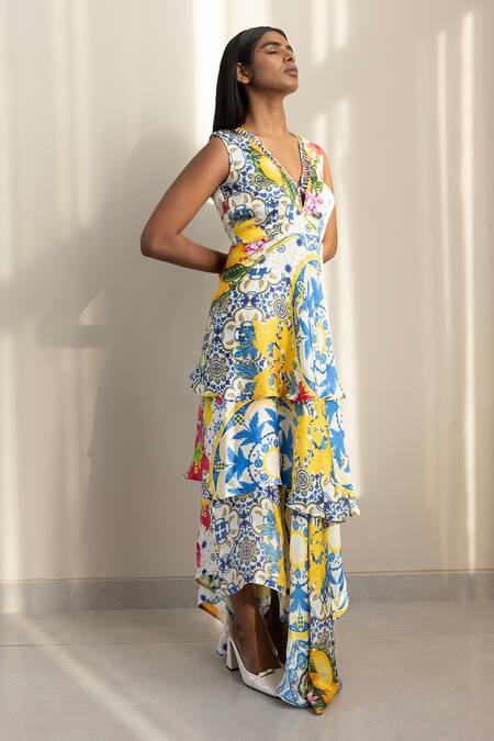 Shop Studio Surbhi Multi Color Georgette, Satin Embroidery Floral Print Asymmetric Tiered Dress Online at Aza Fashions Shop_Studio Surbhi_Multi Color Georgette, Satin Embroidery Floral Print Asymmetric Tiered Dress _Online_at_Aza_Fashions