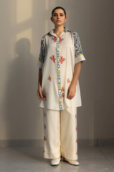 Studio Surbhi Multi Color Cotton Silk Print Floral Collar Shirt Style Kurta With Pant 