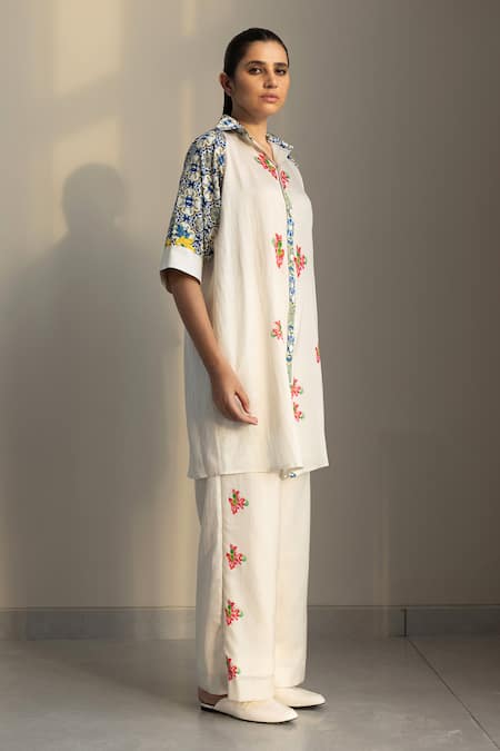 Shop Studio Surbhi Multi Color Cotton, Silk Embroidery Floral Print Shirt Style Kurta With Pant Online at Aza Fashions Shop_Studio Surbhi_Multi Color Cotton, Silk Embroidery Floral Print Shirt Style Kurta With Pant _Online_at_Aza_Fashions