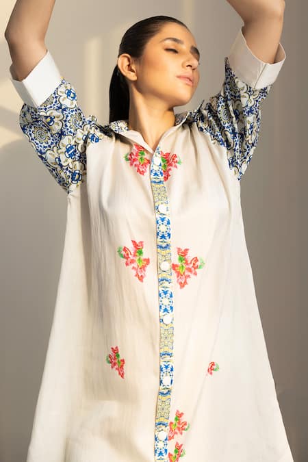 Studio Surbhi Multi Color Cotton, Silk Embroidery Floral Print Shirt Style Kurta With Pant at Aza Fashions Studio Surbhi_Multi Color Cotton, Silk Embroidery Floral Print Shirt Style Kurta With Pant _at_Aza_Fashions