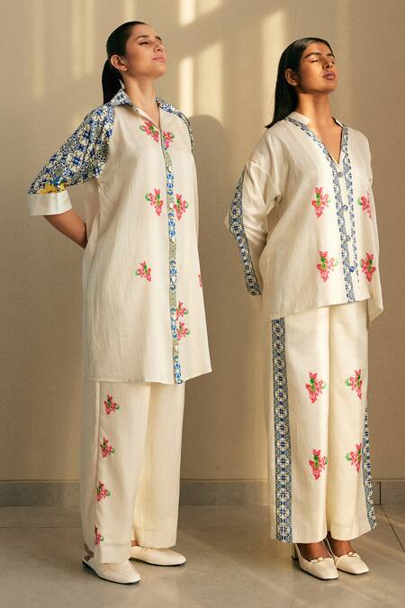 Studio Surbhi Multi Color Cotton, Silk Embroidery Floral Print Oversized Shirt With Pant Online at Aza Fashions Studio Surbhi_Multi Color Cotton, Silk Embroidery Floral Print Oversized Shirt With Pant _Online_at_Aza_Fashions