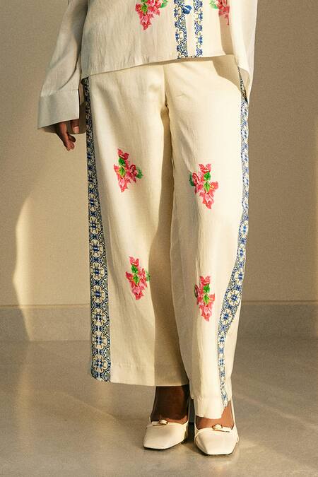 Shop Studio Surbhi Multi Color Cotton, Silk Embroidery Floral Print Oversized Shirt With Pant Online at Aza Fashions Shop_Studio Surbhi_Multi Color Cotton, Silk Embroidery Floral Print Oversized Shirt With Pant _Online_at_Aza_Fashions