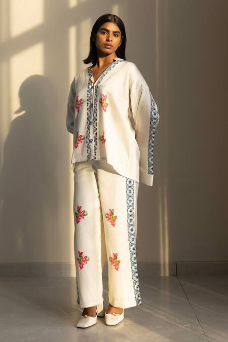 Buy Studio Surbhi Multi Color Cotton, Silk Embroidery Floral Print Oversized Shirt With Pant Buy_Studio Surbhi_Multi Color Cotton, Silk Embroidery Floral Print Oversized Shirt With Pant