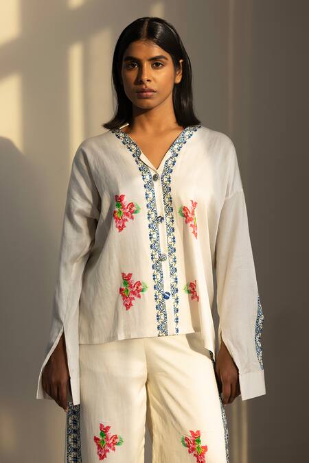 Shop Studio Surbhi Multi Color Cotton, Silk Embroidery Floral Print Oversized Shirt With Pant Shop_Studio Surbhi_Multi Color Cotton, Silk Embroidery Floral Print Oversized Shirt With Pant
