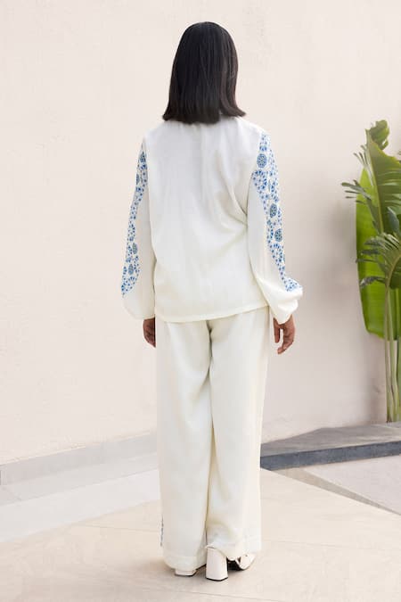 Shop Studio Surbhi White Cotton, Silk Embroidery Collared Floral Print Shirt With Pant at Aza Fashions Shop_Studio Surbhi_White Cotton, Silk Embroidery Collared Floral Print Shirt With Pant _at_Aza_Fashions