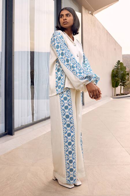 Studio Surbhi White Cotton, Silk Embroidery Collared Floral Print Shirt With Pant Online at Aza Fashions Studio Surbhi_White Cotton, Silk Embroidery Collared Floral Print Shirt With Pant _Online_at_Aza_Fashions