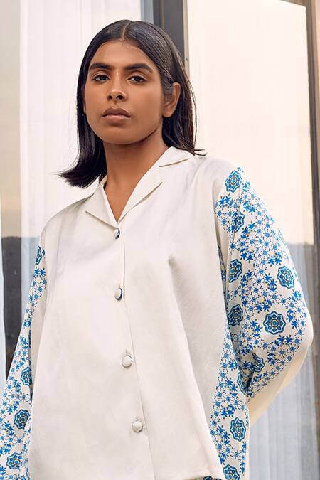 Shop Studio Surbhi White Cotton, Silk Embroidery Collared Floral Print Shirt With Pant Online at Aza Fashions Shop_Studio Surbhi_White Cotton, Silk Embroidery Collared Floral Print Shirt With Pant _Online_at_Aza_Fashions