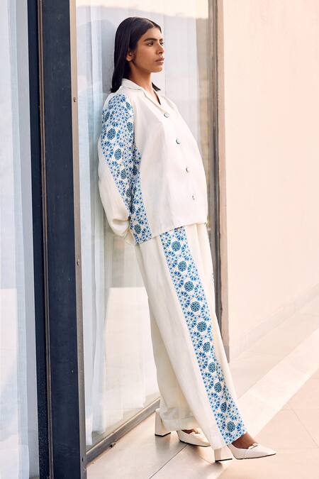 Studio Surbhi White Cotton, Silk Embroidery Collared Floral Print Shirt With Pant at Aza Fashions Studio Surbhi_White Cotton, Silk Embroidery Collared Floral Print Shirt With Pant _at_Aza_Fashions