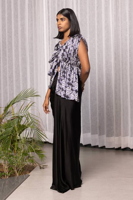 Studio Surbhi_Multi Color Georgette, Floral Print Asymmetric Blouse With Skirt_Online_at_Aza_Fashions