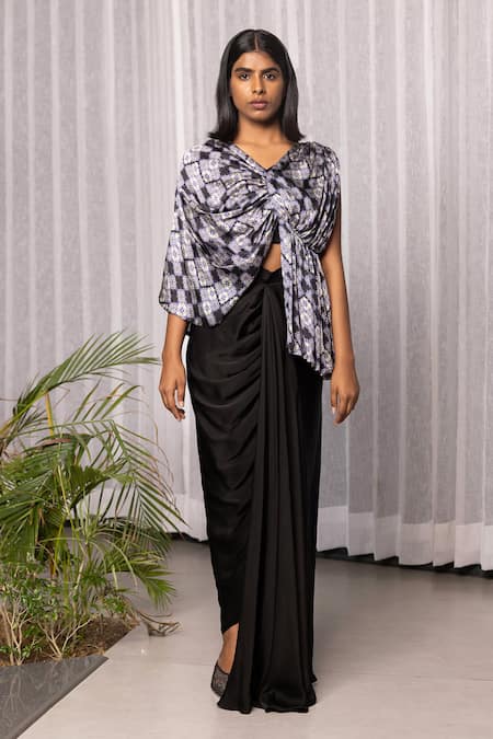 Studio Surbhi Floral Print Draped Asymmetric Blouse With Draped Skirt 