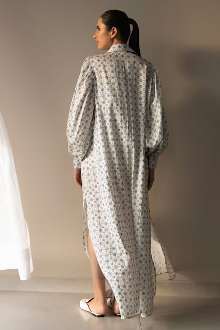 Shop Studio Surbhi White Cotton, Silk Collared Geometric Floral Print Shirt Style Dress at Aza Fashions Shop_Studio Surbhi_White Cotton, Silk Collared Geometric Floral Print Shirt Style Dress _at_Aza_Fashions