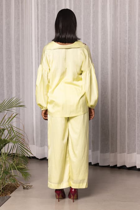 Shop Studio Surbhi Yellow Cotton, Silk Beads Collared Geometric Floral Embroidered Shirt With Pant at Aza Fashions Shop_Studio Surbhi_Yellow Cotton, Silk Beads Collared Geometric Floral Embroidered Shirt With Pant _at_Aza_Fashions