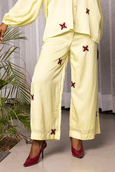 Studio Surbhi Yellow Cotton, Silk Beads Collared Geometric Floral Embroidered Shirt With Pant Online at Aza Fashions Studio Surbhi_Yellow Cotton, Silk Beads Collared Geometric Floral Embroidered Shirt With Pant _Online_at_Aza_Fashions