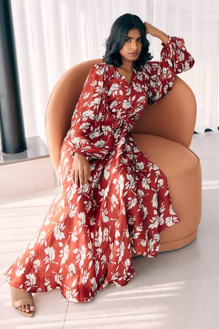 Shop_Studio Surbhi_Red Chiffon, Georgette, Satin V-neck Floral Print Asymmetric Gown _Online_at_Aza_Fashions