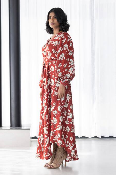 Studio Surbhi_Red Chiffon, Georgette, Satin V-neck Floral Print Asymmetric Gown _at_Aza_Fashions