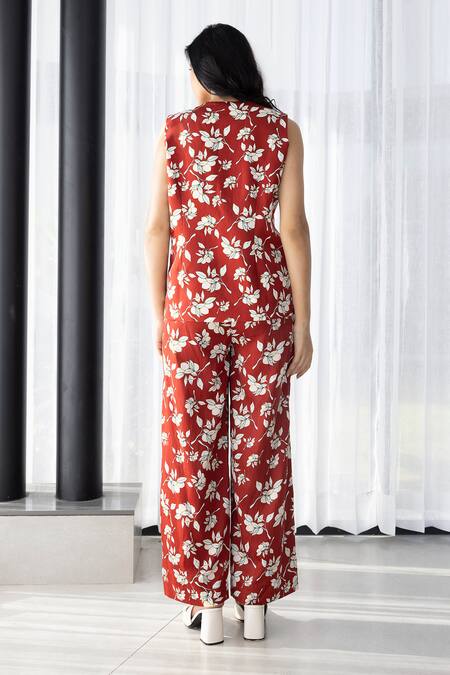 Shop_Studio Surbhi_Red Cotton, Silk Scoop , Open Floral Print Jacket Pant Set _at_Aza_Fashions