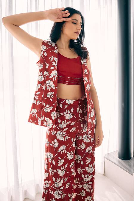 Studio Surbhi_Red Cotton, Silk Scoop , Open Floral Print Jacket Pant Set _Online_at_Aza_Fashions