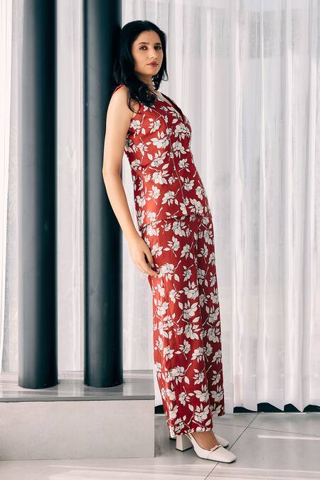 Buy_Studio Surbhi_Red Cotton, Silk Scoop , Open Floral Print Jacket Pant Set _Online_at_Aza_Fashions