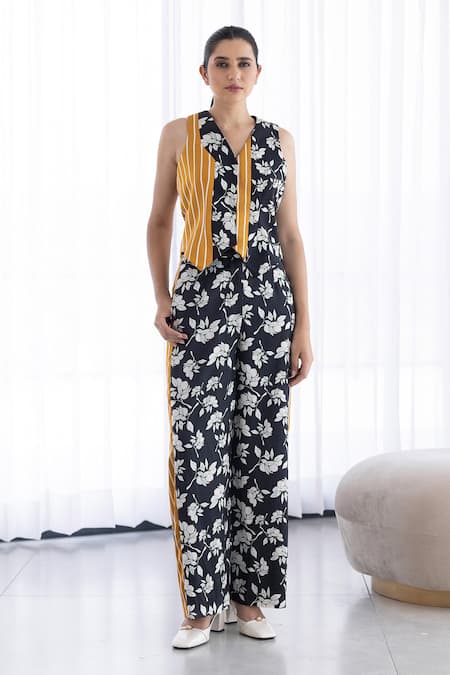 Studio Surbhi Black Cotton Silk Digital Printed Floral V-neck Waistcoat Co-ord Set 