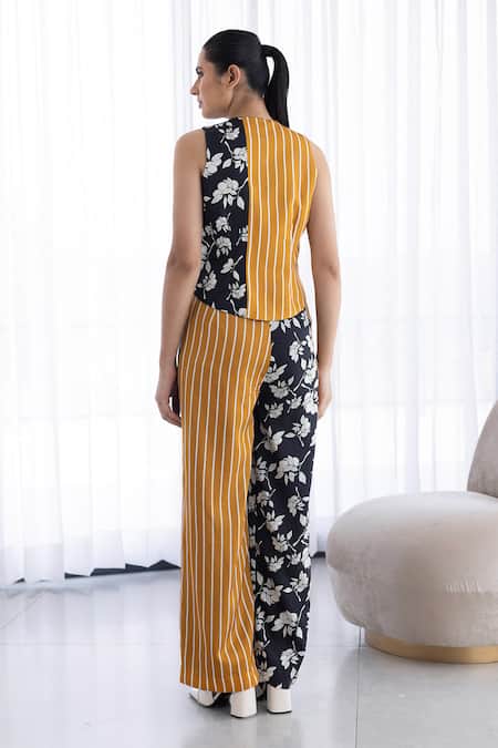 Shop Studio Surbhi Black Cotton, Silk V-neck Floral Print Waistcoat Co-ord Set at Aza Fashions Shop_Studio Surbhi_Black Cotton, Silk V-neck Floral Print Waistcoat Co-ord Set _at_Aza_Fashions