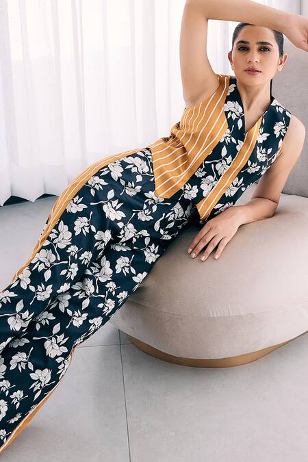Shop Studio Surbhi Black Cotton, Silk V-neck Floral Print Waistcoat Co-ord Set Online at Aza Fashions Shop_Studio Surbhi_Black Cotton, Silk V-neck Floral Print Waistcoat Co-ord Set _Online_at_Aza_Fashions