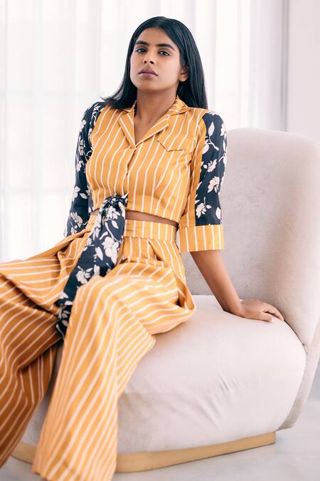 Studio Surbhi Black Cotton, Silk Embroidery Collared Stripe Floral Print Shirt With Pant Online at Aza Fashions Studio Surbhi_Black Cotton, Silk Embroidery Collared Stripe Floral Print Shirt With Pant _Online_at_Aza_Fashions