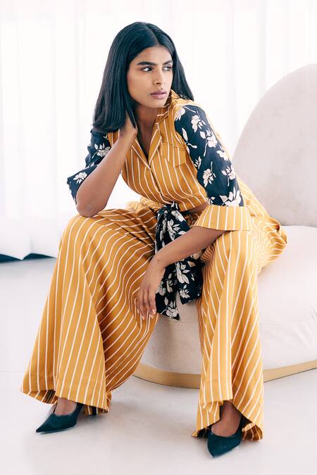 Buy Studio Surbhi Black Cotton, Silk Embroidery Collared Stripe Floral Print Shirt With Pant Online at Aza Fashions Buy_Studio Surbhi_Black Cotton, Silk Embroidery Collared Stripe Floral Print Shirt With Pant _Online_at_Aza_Fashions