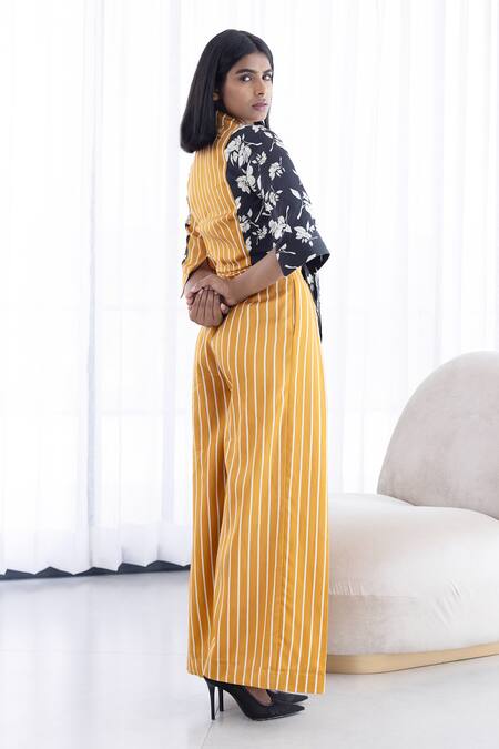 Studio Surbhi Black Cotton, Silk Embroidery Collared Stripe Floral Print Shirt With Pant at Aza Fashions Studio Surbhi_Black Cotton, Silk Embroidery Collared Stripe Floral Print Shirt With Pant _at_Aza_Fashions