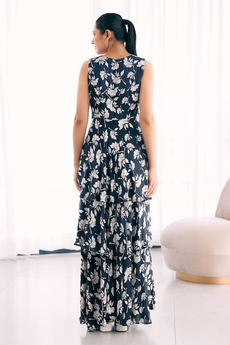 Shop_Studio Surbhi_Black Georgette, Satin V-neck Floral Print Tiered Gown _at_Aza_Fashions