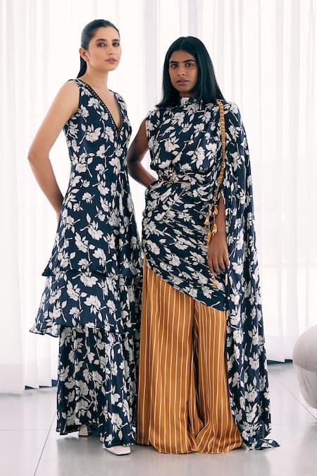 Buy_Studio Surbhi_Black Georgette, Satin V-neck Floral Print Tiered Gown _Online_at_Aza_Fashions