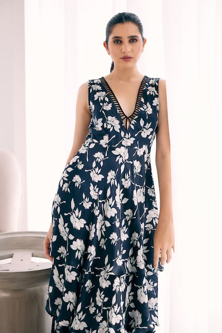 Studio Surbhi_Black Georgette, Satin V-neck Floral Print Tiered Gown _at_Aza_Fashions