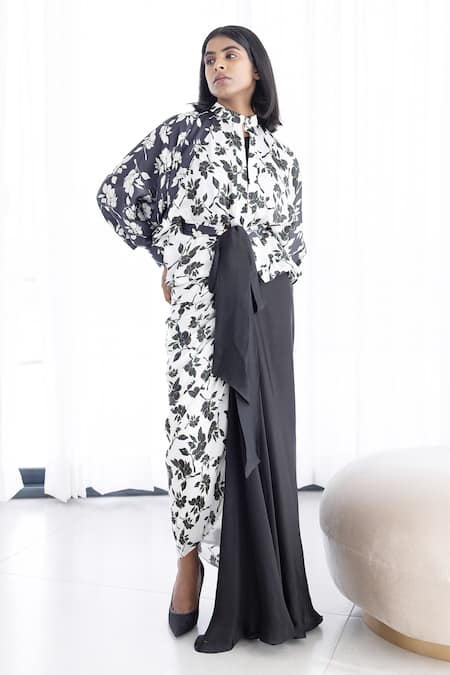 Studio Surbhi Black Georgette Satin Digital Printed Floral Kimono Shirt Draped Gown And Set 