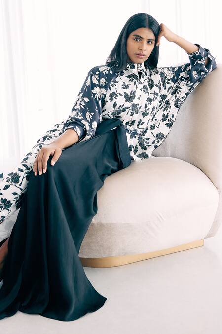 Studio Surbhi_Black Georgette, Satin Bows Bandeau Floral Print Draped Gown And Kimono Shirt Set _Online_at_Aza_Fashions