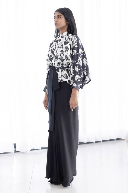 Shop_Studio Surbhi_Black Georgette, Satin Bows Bandeau Floral Print Draped Gown And Kimono Shirt Set _Online_at_Aza_Fashions