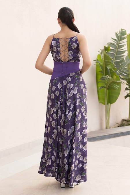 Shop_Studio Surbhi_Purple Georgette, Satin Square Neck Floral Print Cutwork Gown _at_Aza_Fashions