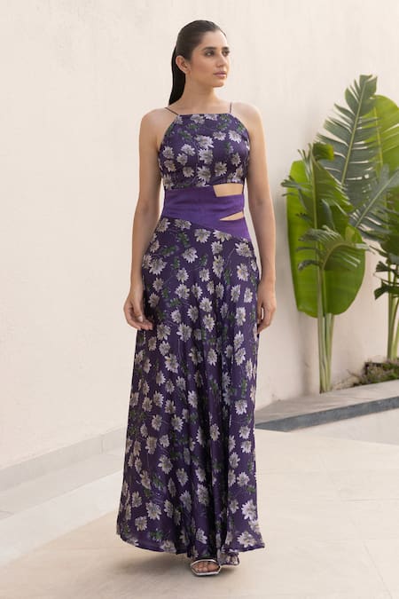 Buy_Studio Surbhi_Purple Georgette, Satin Square Neck Floral Print Cutwork Gown _Online_at_Aza_Fashions