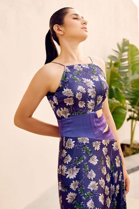 Shop_Studio Surbhi_Purple Georgette, Satin Square Neck Floral Print Cutwork Gown _Online_at_Aza_Fashions