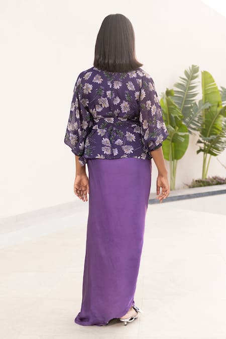 Studio Surbhi Floral Print Draped Gown Kimono Shirt Set 