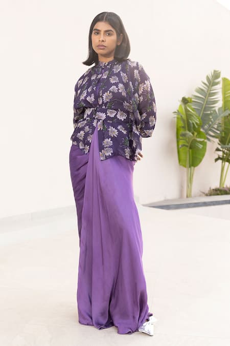 Studio Surbhi_Purple Georgette, Satin Round Neck, Floral Print Draped Gown Kimono Shirt Set _Online_at_Aza_Fashions