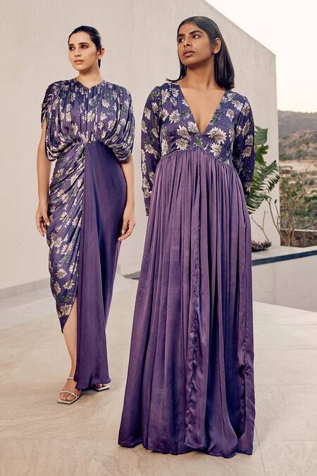 Studio Surbhi_Purple Georgette, Satin V-neck Placement Floral Print Draped Gown _Online_at_Aza_Fashions