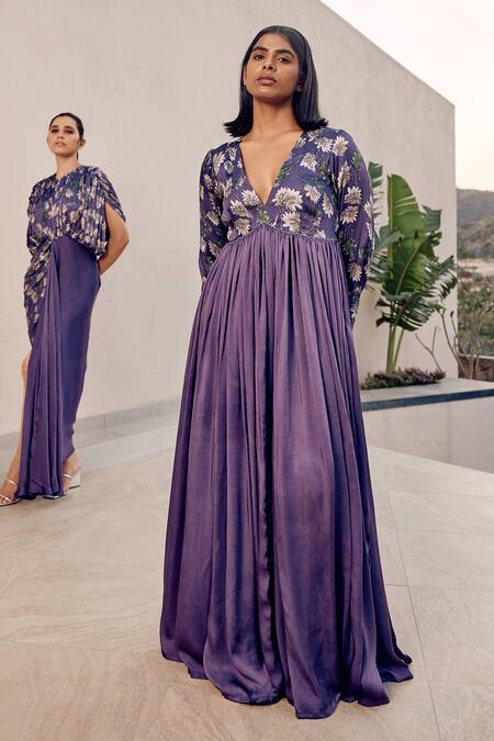Buy_Studio Surbhi_Purple Georgette, Satin V-neck Placement Floral Print Draped Gown _Online_at_Aza_Fashions