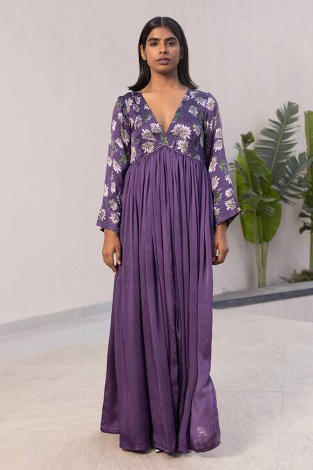 Shop_Studio Surbhi_Purple Georgette, Satin V-neck Placement Floral Print Draped Gown _Online_at_Aza_Fashions