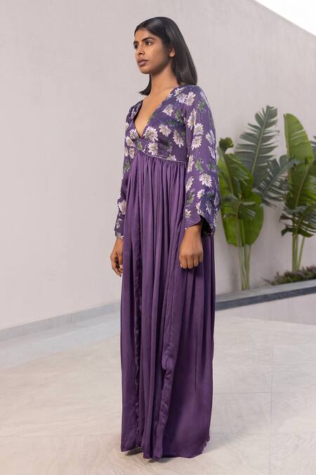 Studio Surbhi_Purple Georgette, Satin V-neck Placement Floral Print Draped Gown _at_Aza_Fashions