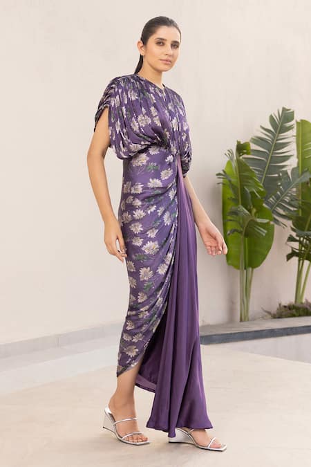 Studio Surbhi_Purple Georgette, Satin Embroidery Round Neck Floral Print Draped Gathered Gown _Online_at_Aza_Fashions