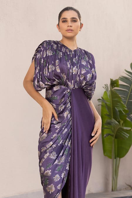Shop_Studio Surbhi_Purple Georgette, Satin Embroidery Round Neck Floral Print Draped Gathered Gown _Online_at_Aza_Fashions