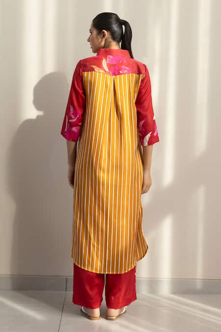 Shop Studio Surbhi Red Cotton, Silk Embroidery V-neck Floral Stripe Print Kurta And Pant Set at Aza Fashions Shop_Studio Surbhi_Red Cotton, Silk Embroidery V-neck Floral Stripe Print Kurta And Pant Set _at_Aza_Fashions
