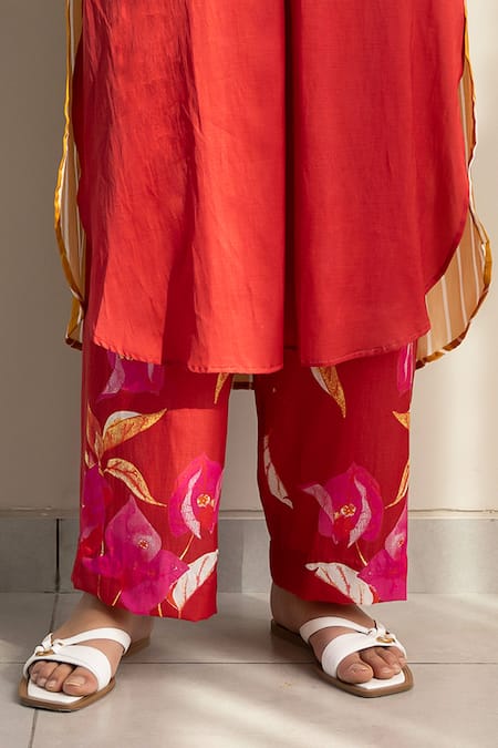 Studio Surbhi Red Cotton, Silk Embroidery V-neck Floral Stripe Print Kurta And Pant Set Online at Aza Fashions Studio Surbhi_Red Cotton, Silk Embroidery V-neck Floral Stripe Print Kurta And Pant Set _Online_at_Aza_Fashions