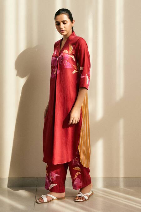 Buy Studio Surbhi Red Cotton, Silk Embroidery V-neck Floral Stripe Print Kurta And Pant Set Online at Aza Fashions Buy_Studio Surbhi_Red Cotton, Silk Embroidery V-neck Floral Stripe Print Kurta And Pant Set _Online_at_Aza_Fashions
